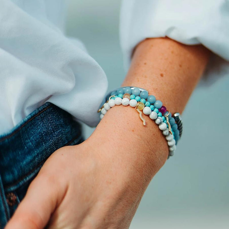 UV awareness beaded beach bracelet for sun safety in cyan turquoise, moonstone, angelite