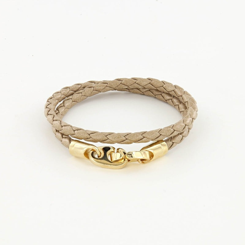 sailormade women's nautical double wrap leather bracelet with polished brass brummels in seed. Handmade in Boston, MA.