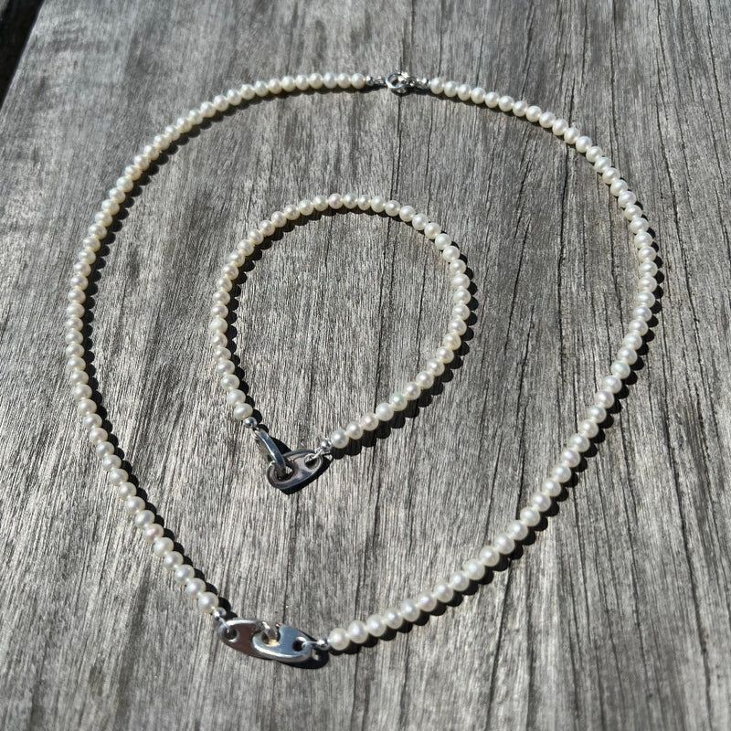 Sailormade women's nautical sterling silver and pearl mini brummel bracelet and necklace made in new england.