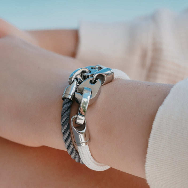 Sailormade beach bracelet stack; nautical single wrap rope stainless steel brummel bracelet with chunky charter rope bracelet.