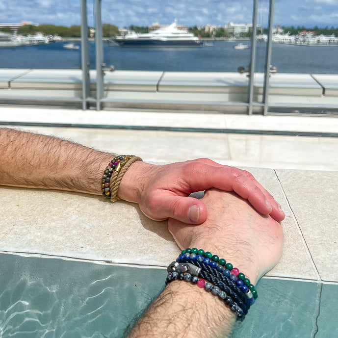 Sailormade men’s raymidner uv awareness bracelet for sun safety and protection. 6mm new ocean jasper beads. Made by Boston’s favorite bracelet company. 