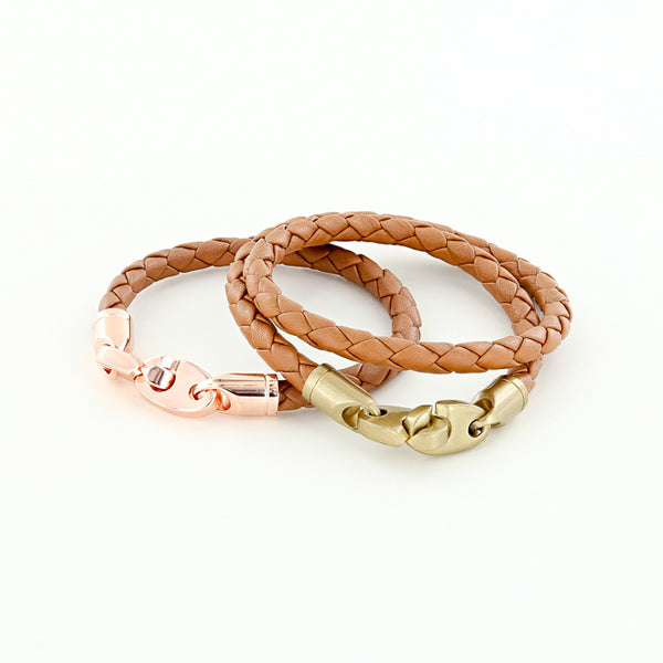 Endeavour Leather Double Wrap Bracelet with Polished Brass Brummels