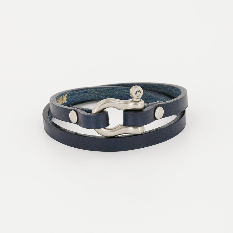 Sailormade Double Wrap Leather Shackle Bracelet in Nickel Matte and midnight navy. Locally made in Newburyport, MA. 