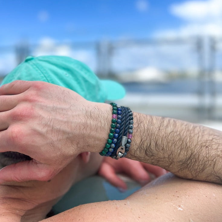 Men's Rayminder UV Awareness beaded beach bracelet for sun safety in tiger eye and jasper
