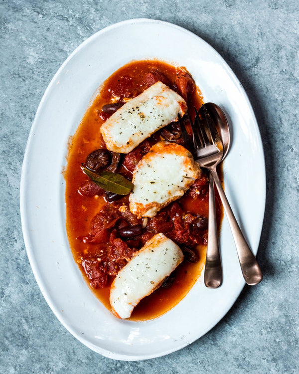 Poached Halibut in Tomato Sauce with Olives