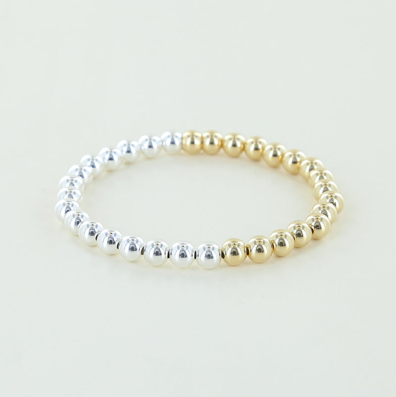 Sailormade 6mm sterling silver and 14k gold fill beaded stretch bracelet hand made in massachusetts