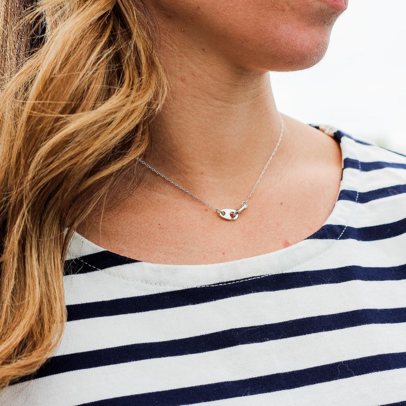 Preppy women in Nantucket wearing Sailormade nautical sterling silver Mini Brummel Necklace. Made in New England.