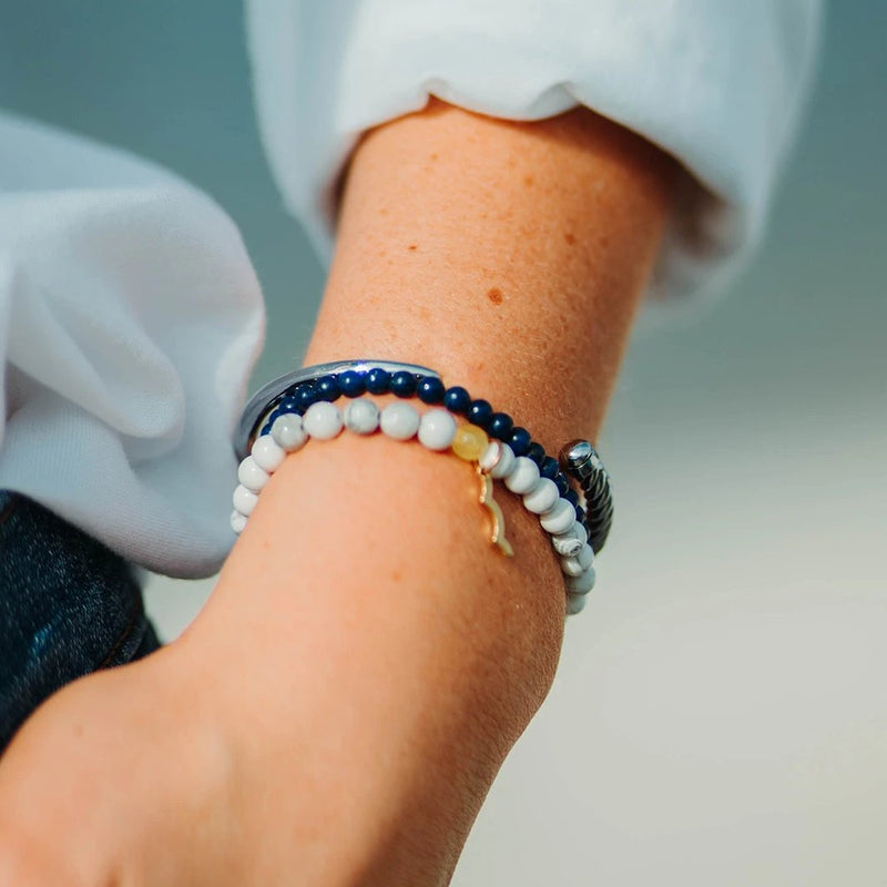 UV awareness beaded beach bracelet for sun safety in lapis lazuli, moonstone