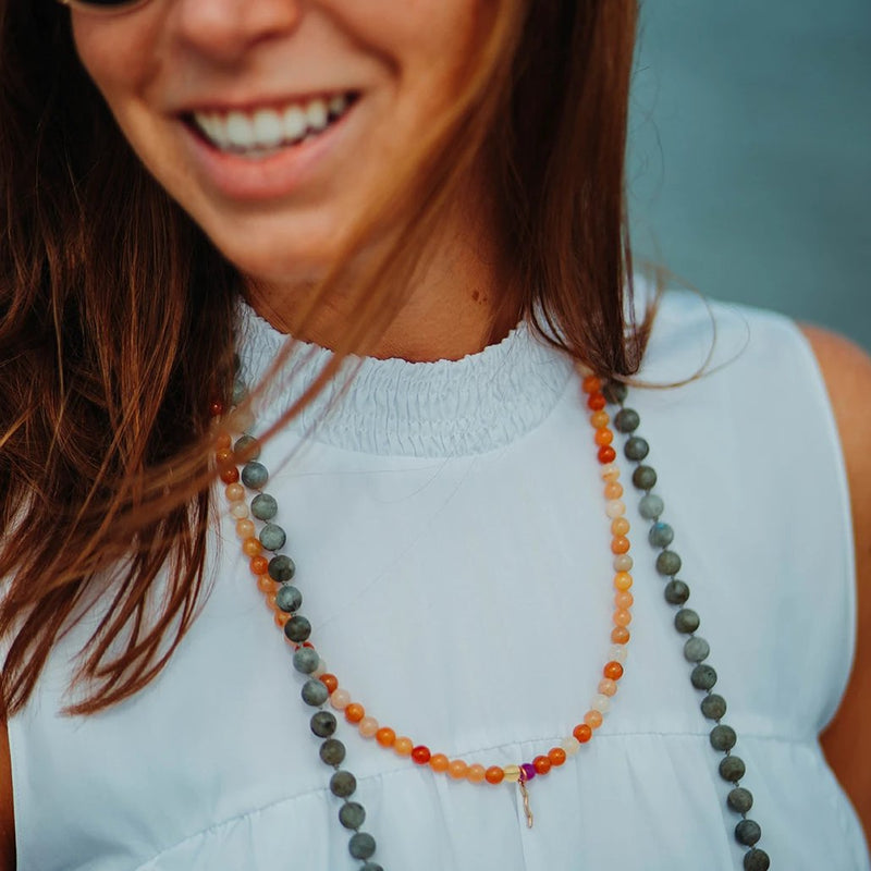 UV Awareness beaded Necklace for sun safety in topaz jade and beaded necklace in labradorite
