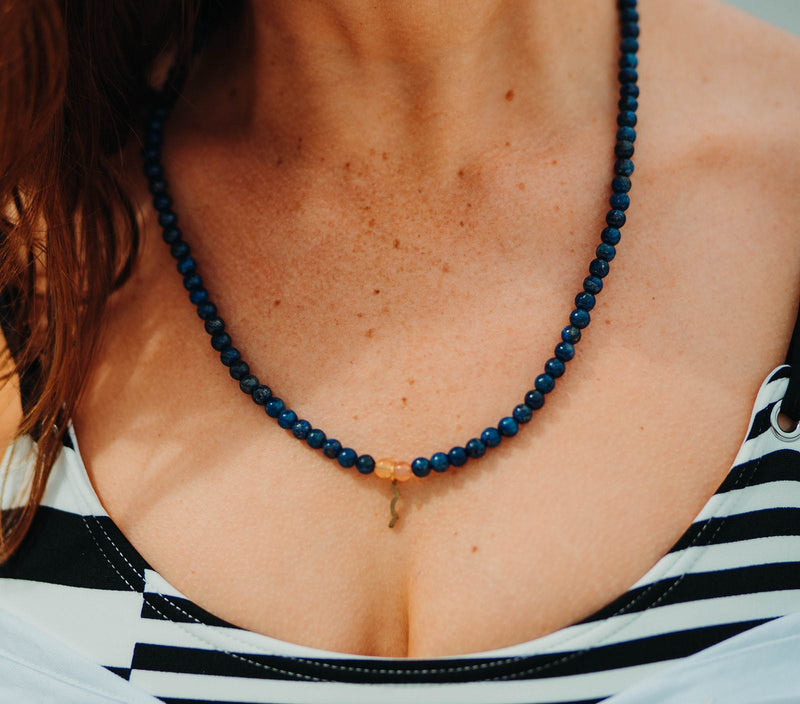 UV Awareness beaded Necklace for sun safety in lapis lazuli