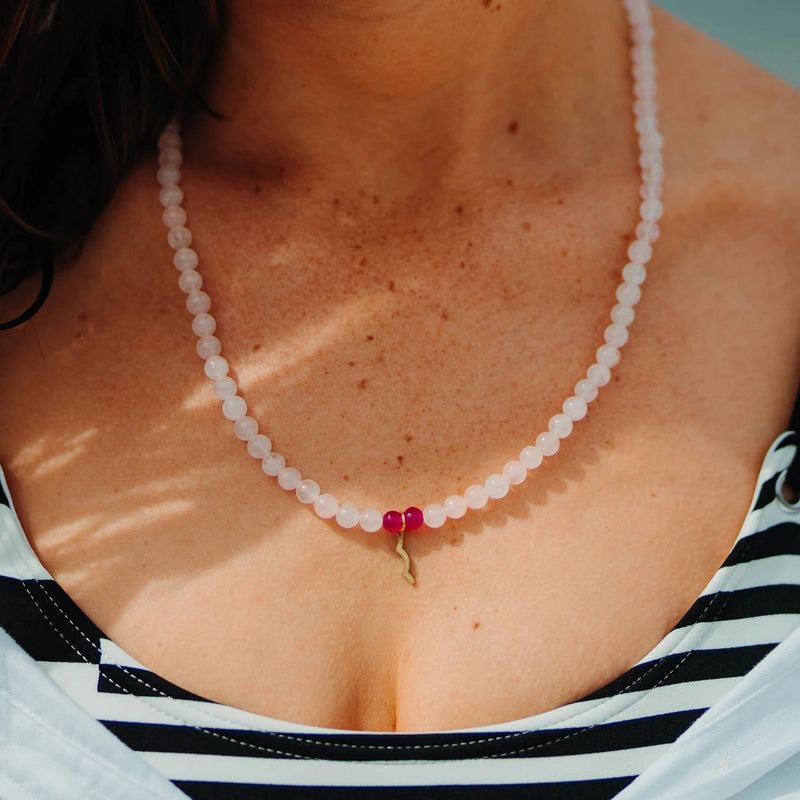 UV Awareness beaded Necklace for sun safety in rose quartz