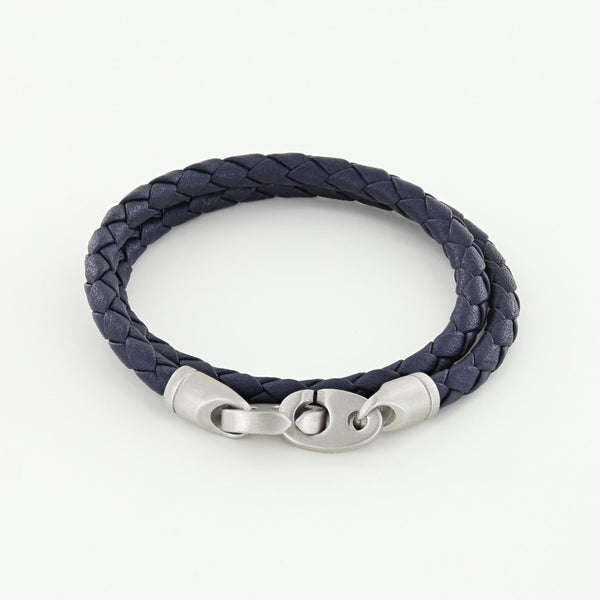 Sailormade Men's Nautical Catch Double Wrap Leather Bracelet with Matte Stainless Steel Brummels in Midnight Navy. Made in Boston, Ma.