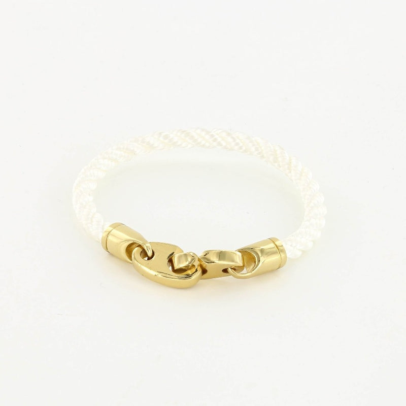 The endeavor single wrap marine white rope bracelet with gold brummels from sailormade women’s nautical jewelry collection. Handmade with superb quality in Boston, MA.