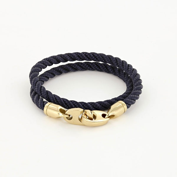 Navy endeavor double wrap marine rope bracelet with gold brummels from sailormade women’s nautical jewelry collection. Handmade with superb quality in Boston, MA.