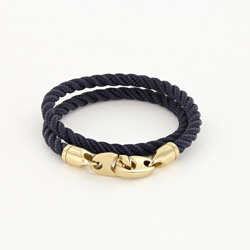 Navy endeavor double wrap marine rope bracelet with gold brummels from sailormade women’s nautical jewelry collection. Handmade with superb quality in Boston, MA.