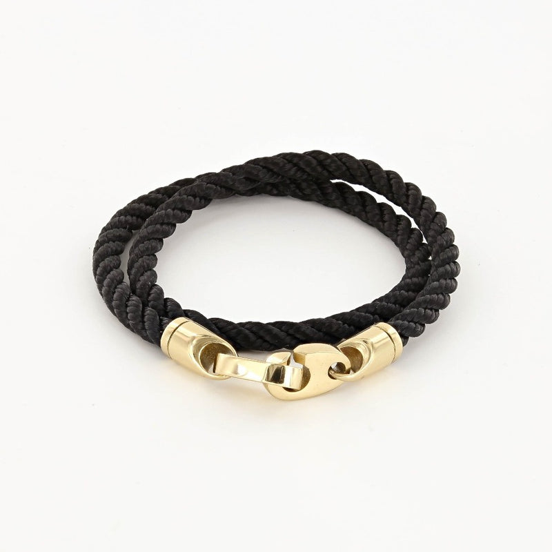 Black endeavor double wrap marine rope bracelet with gold brummels from sailormade women’s nautical jewelry collection. Handmade with superb quality in Boston, MA.