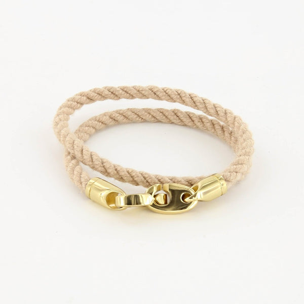 Wheat endeavor double wrap marine rope bracelet with gold brummels from sailormade women’s nautical jewelry collection. Handmade with superb quality in Boston, MA.