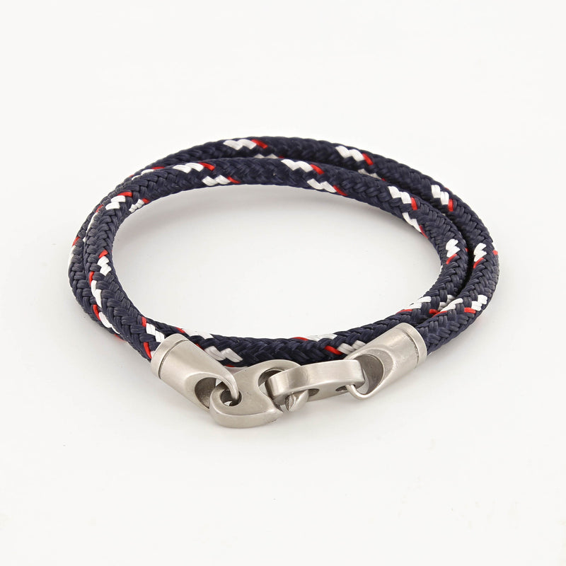 contender double wrap rope bracelet for men in stainless steel and  navy red and white