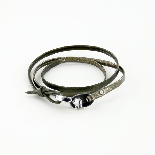 Tandem Leather Bracelet with Polished Stainless Steel Brummels in Camo Green