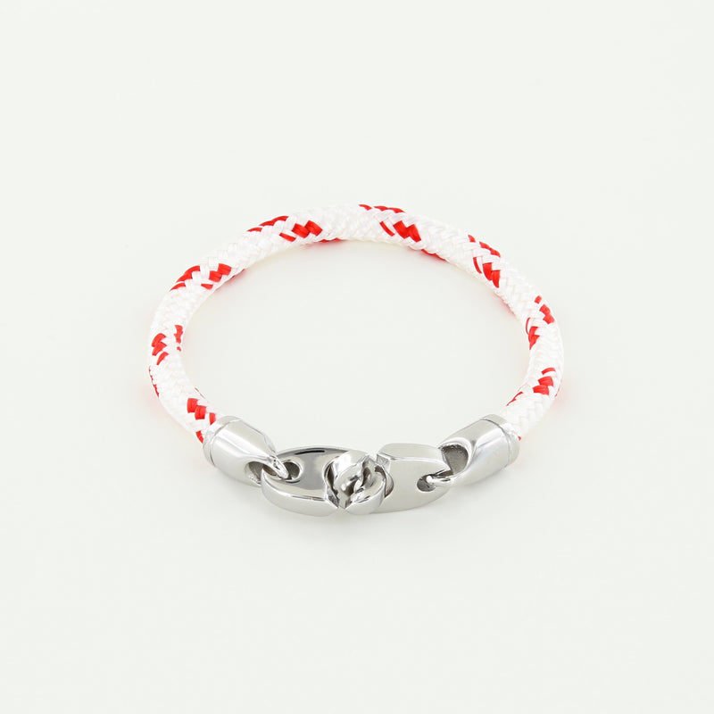 Volley Single Wrap Rope Bracelet with Stainless Steel Brummels in Red and White Braided Rope