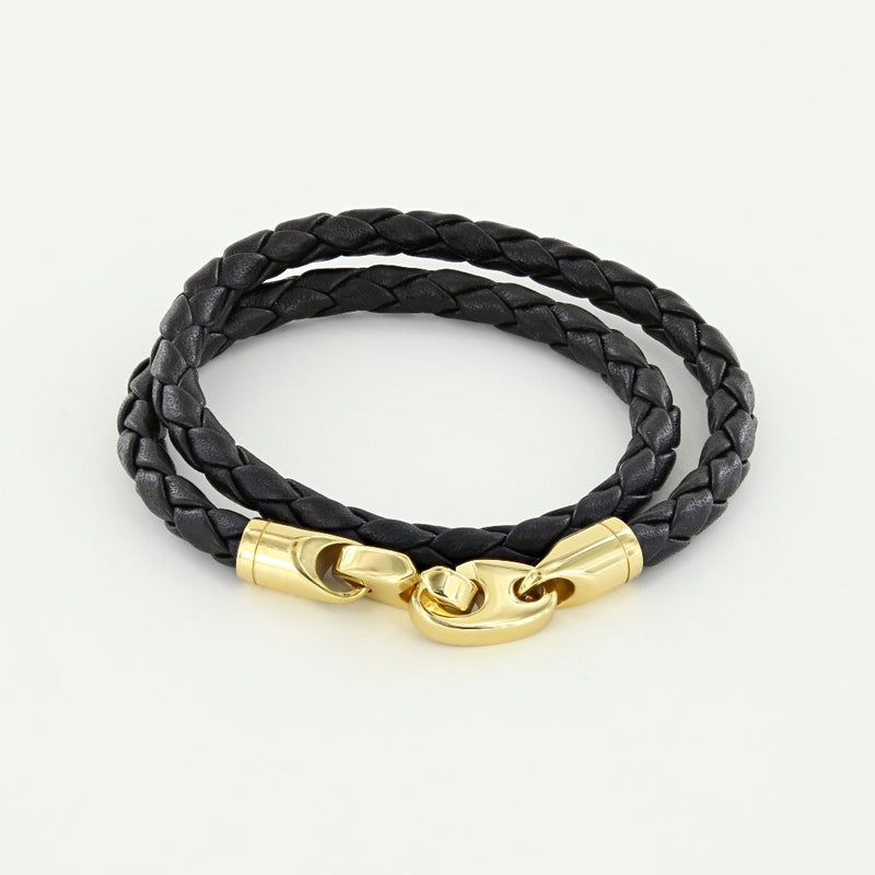 sailormade women's nautical double wrap leather bracelet with polished brass brummels in Black. Handmade in Boston, MA.