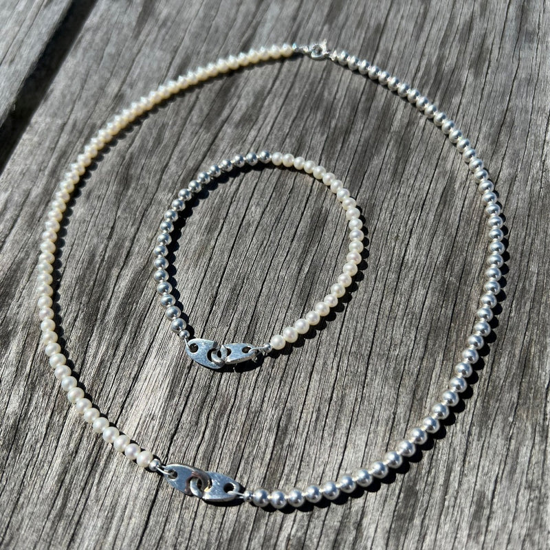Sailormade women's nautical sterling silver and pearl mini brummel bracelet and necklace made in new england.