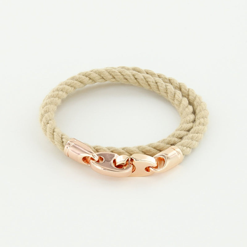 Sailormade women’s nautical double wrap marine rope bracelet with rose gold brummel clasps in wheat. Handmade in Boston, MA. 