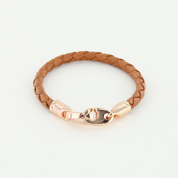 Sailormade women’s nautical single wrap leather bracelet with rose gold brummel clasps in baked brown. Handmade in Boston, MA. 