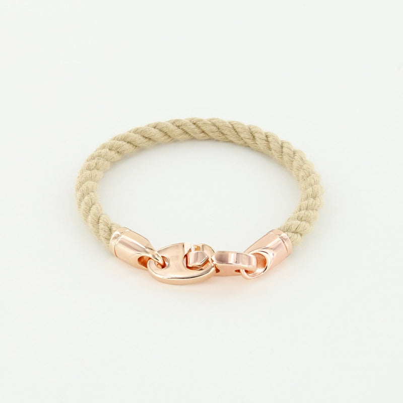 Sailormade women’s nautical single wrap marine rope bracelet with rose gold brummel clasps in wheat. Handmade in Boston, MA. 