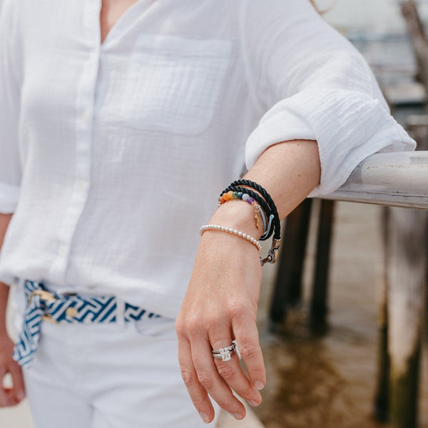 Hanging out on Plum Island by the fishing charter wearing Sailormade women's nautical sterling silver mini brummel bracelet made in new england. 