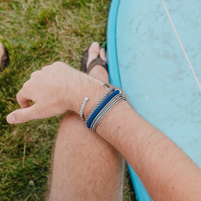Sailormade surfer guys nautical bracelet stack: Fid Cuff, Catch rope wrap bracelet with stainless steel brummel clasp.