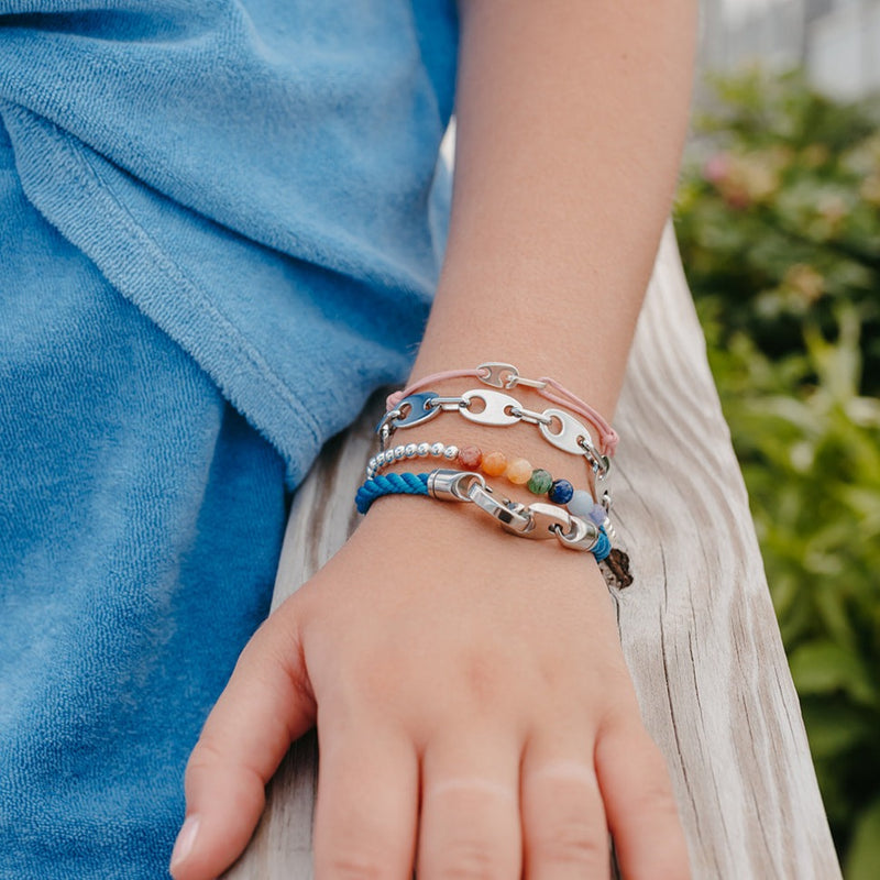 Women's Sailormade nautical bracelet stack with rope brummel bracelet, chain link, uv sensitive bracelet and mini brummel slipknot leather bracelet