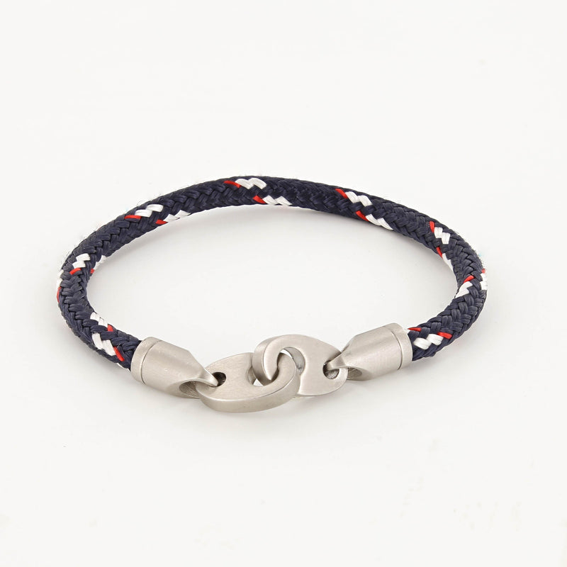 Contender Single Wrap Rope Bracelet with Stainless Steel Brummels in Navy Red White