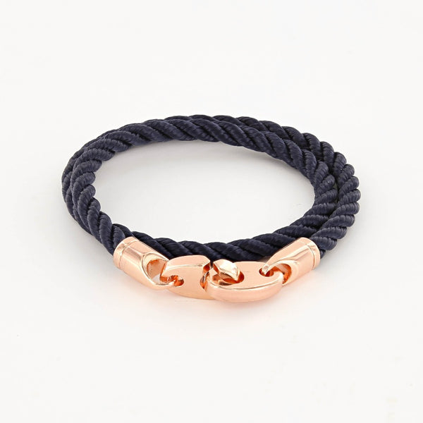 Sailormade women’s nautical double wrap marine rope bracelet with rose gold brummel clasps in navy. Handmade in Boston, MA. 