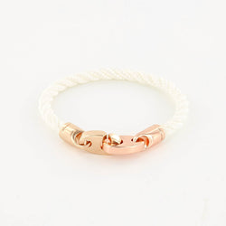 Sailormade women’s nautical single wrap marine rope bracelet with rose gold brummel clasps in white. Handmade in Boston, MA. 