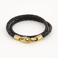 Sailormade Men's Nautical Journey Double Wrap Leather Bracelet with Matte Brass Brummels in Black made in Boston, Ma