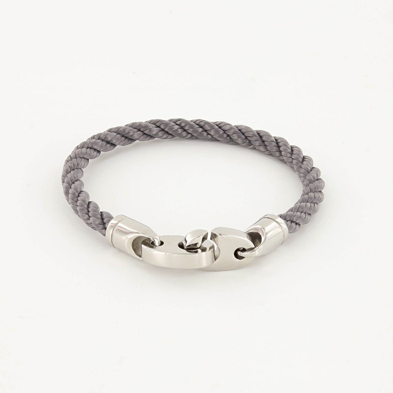 Sailormade women's elsewhere single wrap rope bracelet with stainless steel brummels in charcoal gray. Handmade in Boston, MA.
