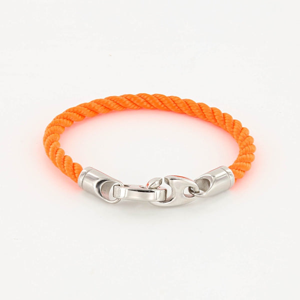 Sailormade women's elsewhere single wrap rope bracelet with stainless steel brummels in bright orange. Handmade in Boston, MA.