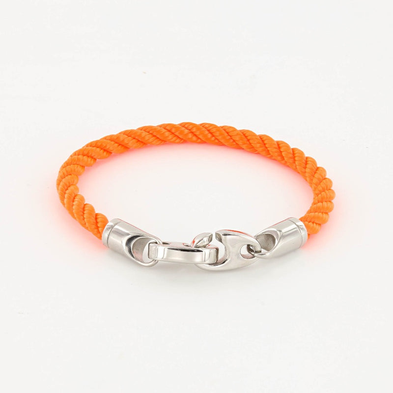 Sailormade women's elsewhere single wrap rope bracelet with stainless steel brummels in bright orange. Handmade in Boston, MA.