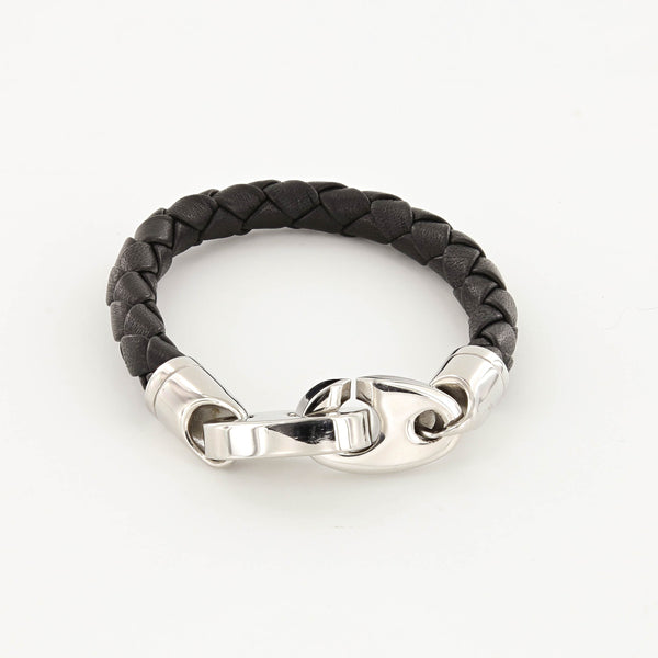Commander Big Brummel Bracelet with Leather Wrap in Polished Stainless Steel and Black