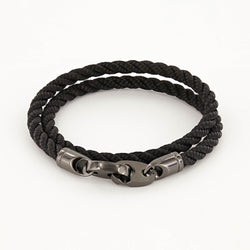 Braided Leather Rope Bracelet - Double Wrap - Black