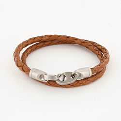 Sailormade Men's Nautical Catch Double Wrap Leather Bracelet with Matte Stainless Steel Brummels in baked Brown. Made in Boston, Ma.