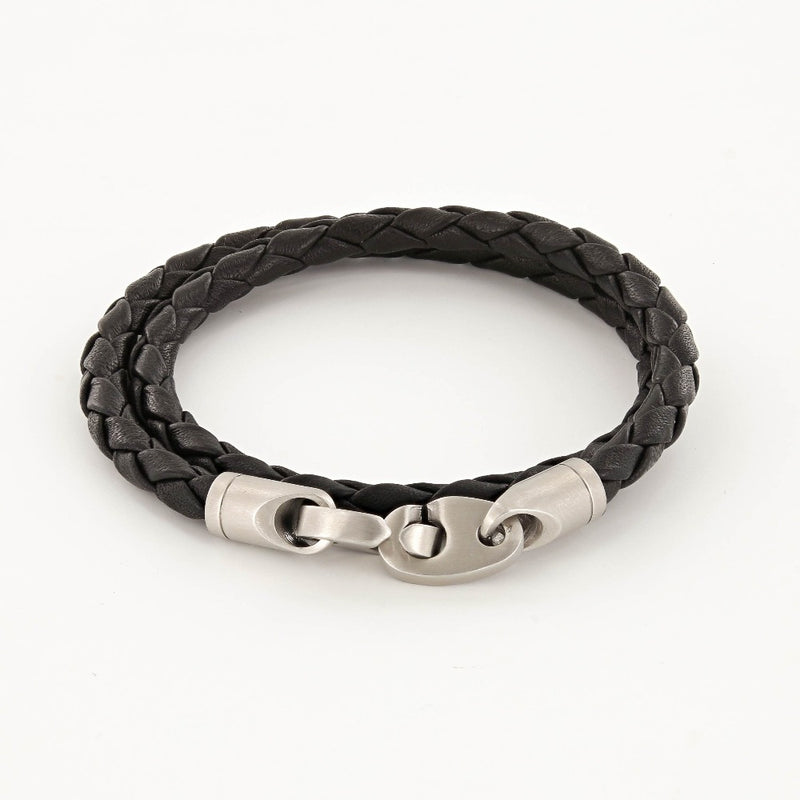 Sailormade Men's Nautical Catch Double Wrap Leather Bracelet with Matte Stainless Steel Brummels in Black. Made in Boston, Ma.