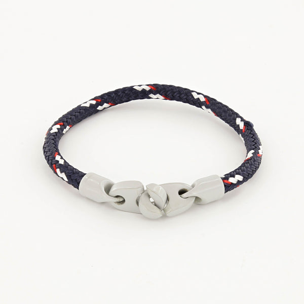 Signal single wrap rope men's bracelet with light gray powder coated brummels and navy, red, white rope