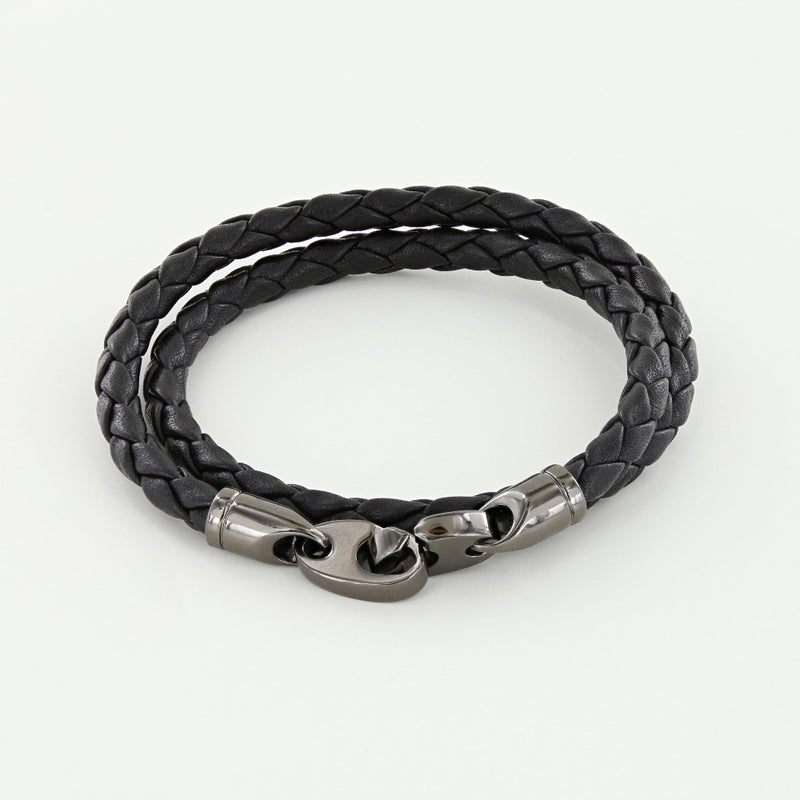 Sailormade Men's Nautical Player Double Wrap Leather Bracelet with Nickel Antique Brummels in Black