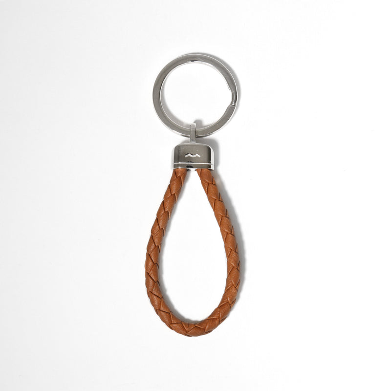Pete's Point Keychain in Stainless Steel and Baked Brown Braided Leather 