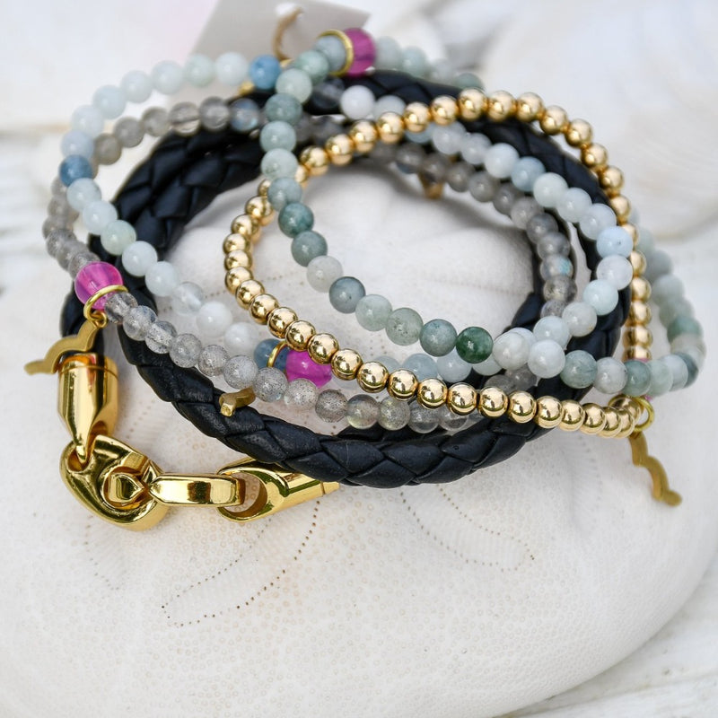 Rayminder UV Awareness bracelets for sun safety and uv protection in aquamarine, green jade, labradorite, gold with women's nautical stacking bracelets