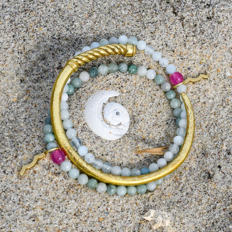 Rayminder UV Awareness bracelets for sun safety and uv protection in aquamarine and jade with women's nautical stacking cuff