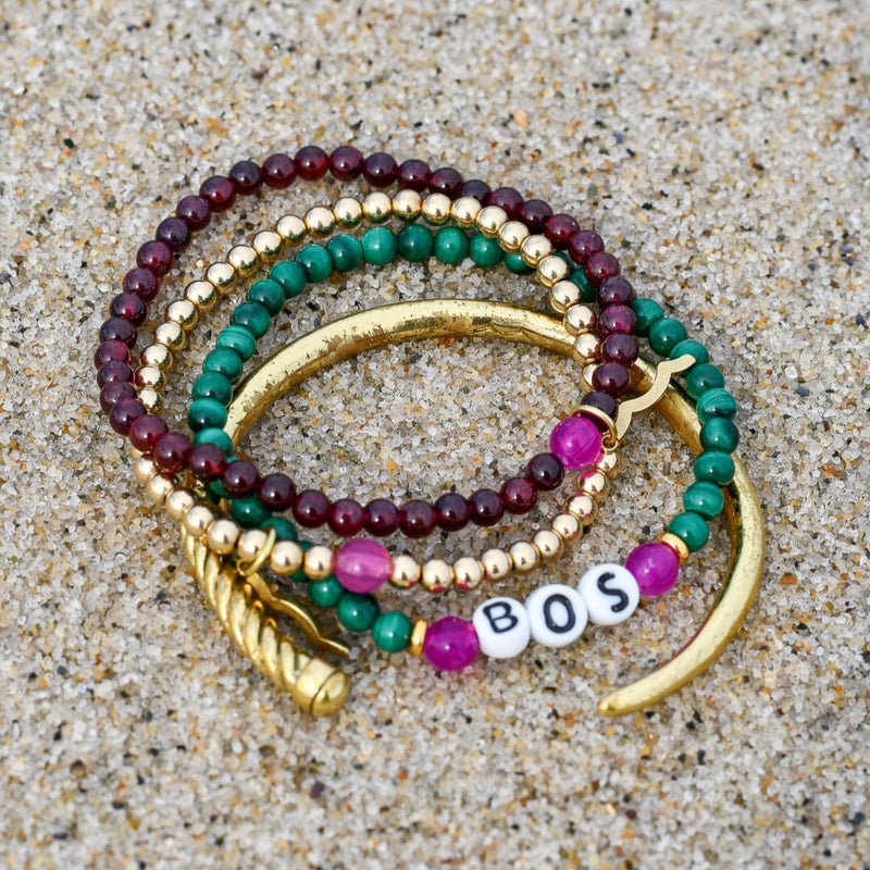 Rayminder UV Awareness Bracelets for sun safety and uv protection in garnet, gold, malachite, with nautical slim fid cuff for women