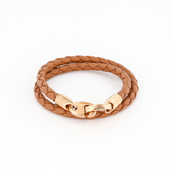 sailormade women's nautical double wrap leather bracelet with rose gold brummels in baked brown. Handmade in Boston, MA.